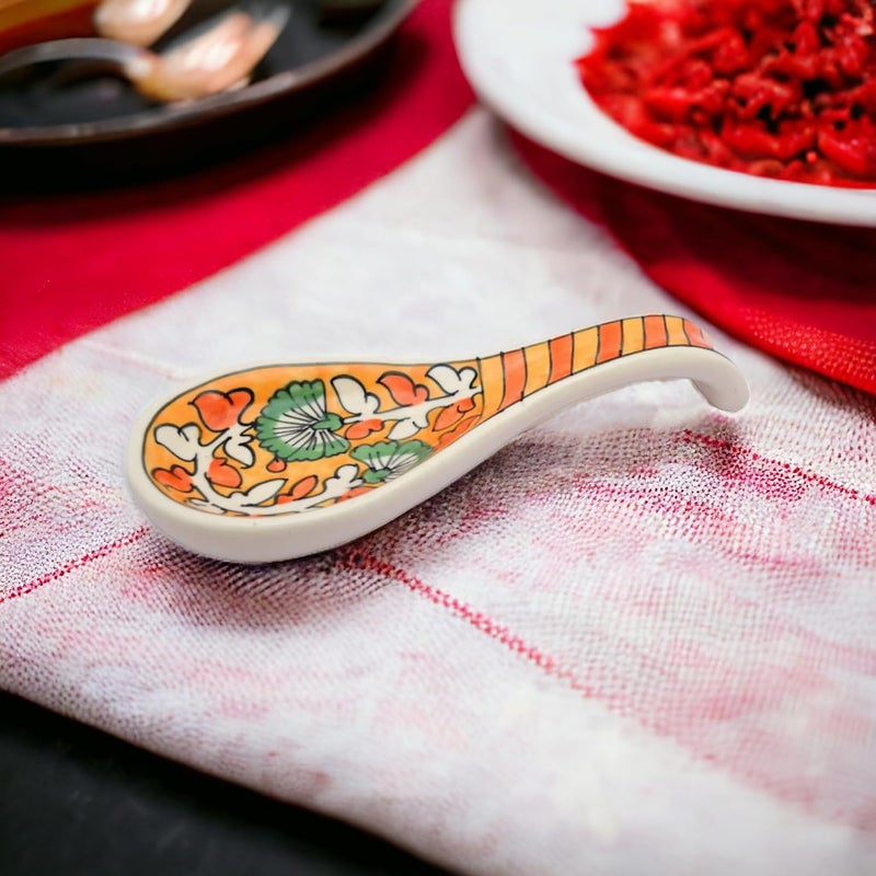 Malaikah Ceramic Spoon Rest Orange Ideal for Kitchen HandPainted Serveware Cutlery Rest Pack of 1 - Image 1