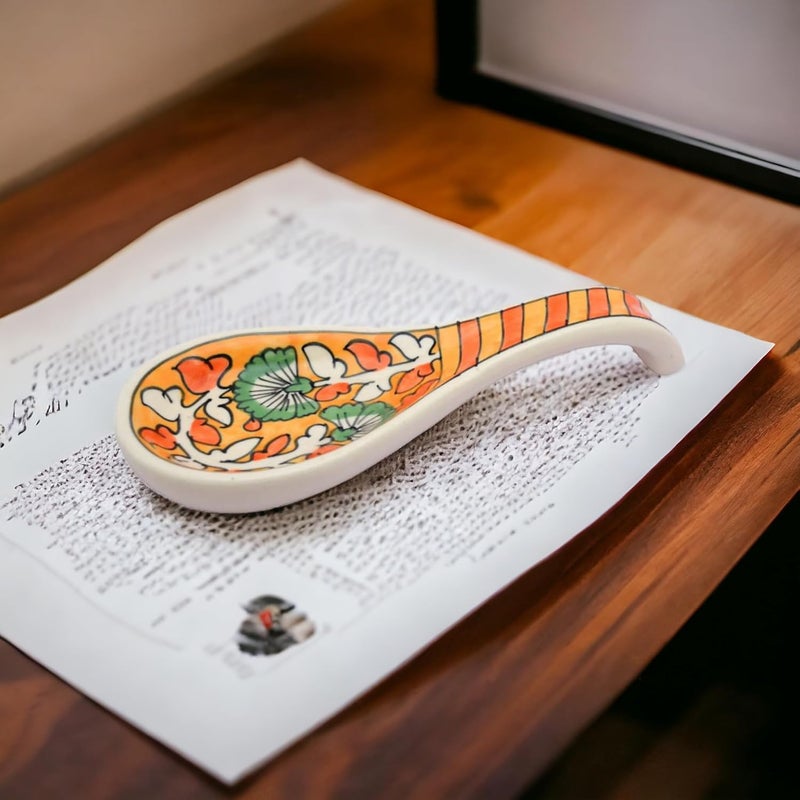 Malaikah Ceramic Spoon Rest Orange Ideal for Kitchen HandPainted Serveware Cutlery Rest Pack of 1 - Image 2