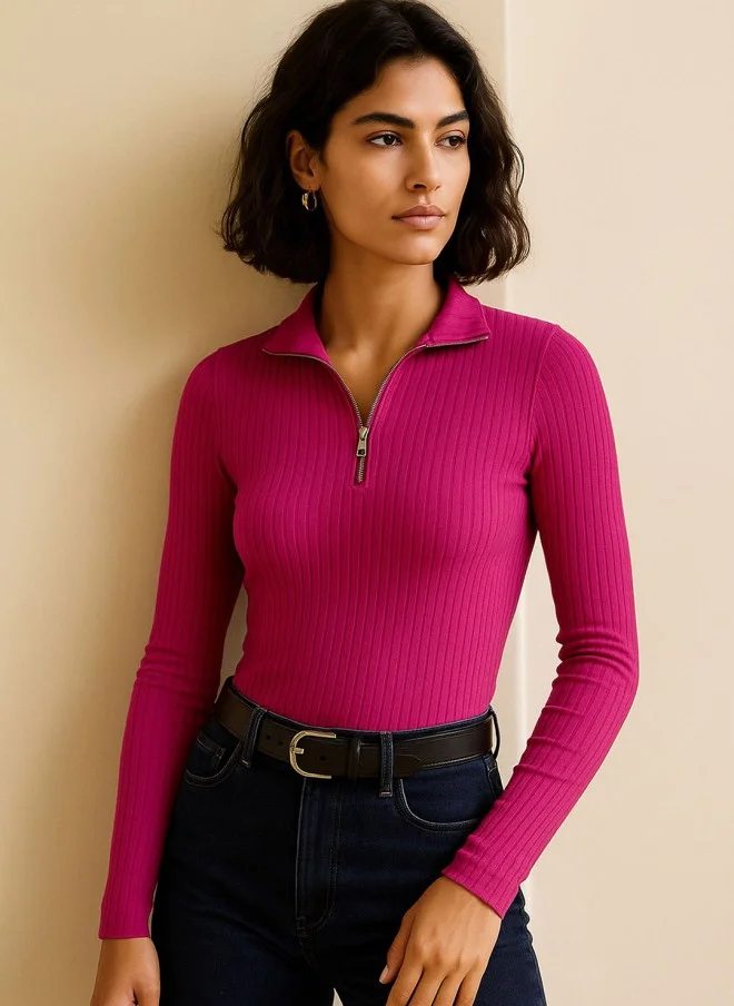 ساسافراس Fuchsia Ribbed Shirt Collar Top for Women