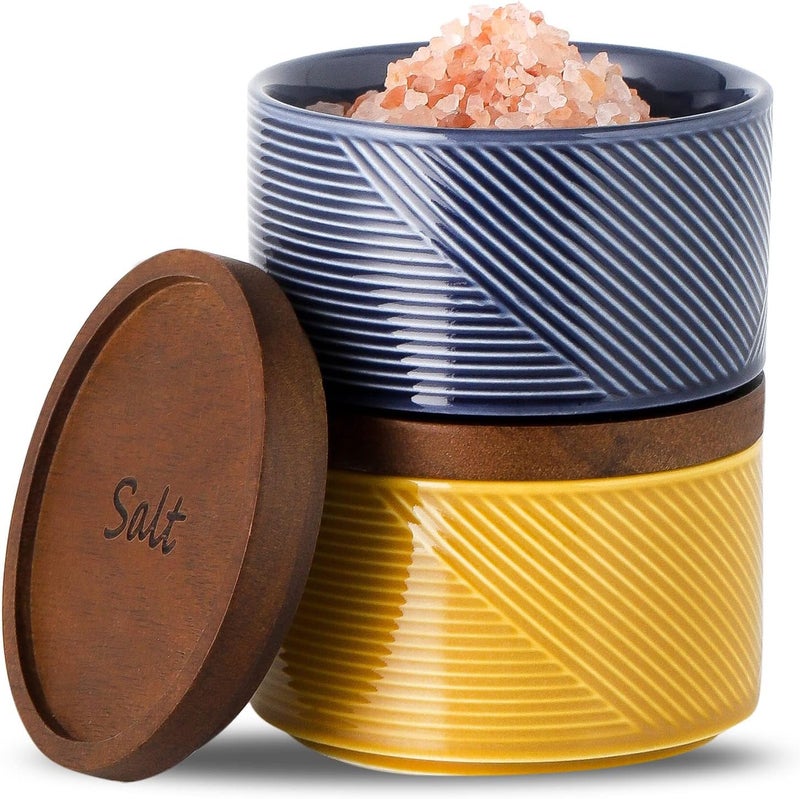 Adewnest Ceramic Salt and Pepper Bowl Set of 2 - 10 oz Capacity - Country Style - Stackable - Dishwasher Safe - Includes Wooden Lid - Image 1