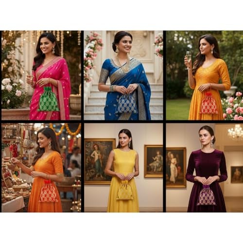 Touchstone fabric New Gorgeous Indian Traditional Paisley Brocade Large Drawstring Bags Pouches Potli For Gift Wedding Jewelry Packaging Bridal Party Favors Colors Set Of 9 For Women., Multicolor - Image 5