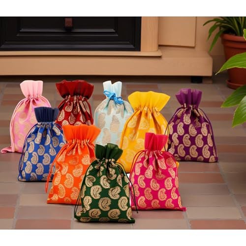 Touchstone fabric New Gorgeous Indian Traditional Paisley Brocade Large Drawstring Bags Pouches Potli For Gift Wedding Jewelry Packaging Bridal Party Favors Colors Set Of 9 For Women., Multicolor - Image 3