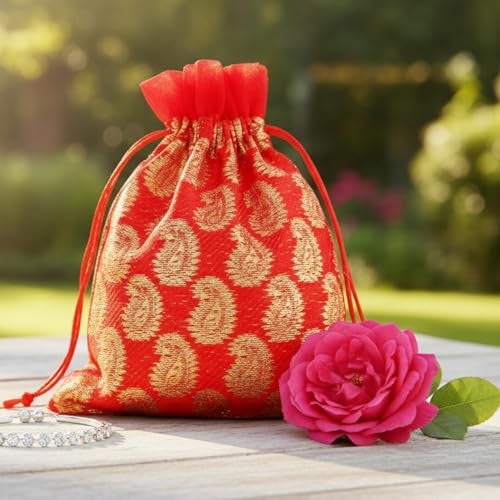 Touchstone fabric New Gorgeous Indian Traditional Paisley Brocade Large Drawstring Bags Pouches Potli For Gift Wedding Jewelry Packaging Bridal Party Favors Colors Set Of 9 For Women., Multicolor - Image 4