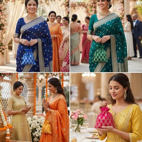 Touchstone fabric New Gorgeous Indian Traditional Paisley Brocade Large Drawstring Bags Pouches Potli For Gift Wedding Jewelry Packaging Bridal Party Favors Colors Set Of 9 For Women., Multicolor - Image 2