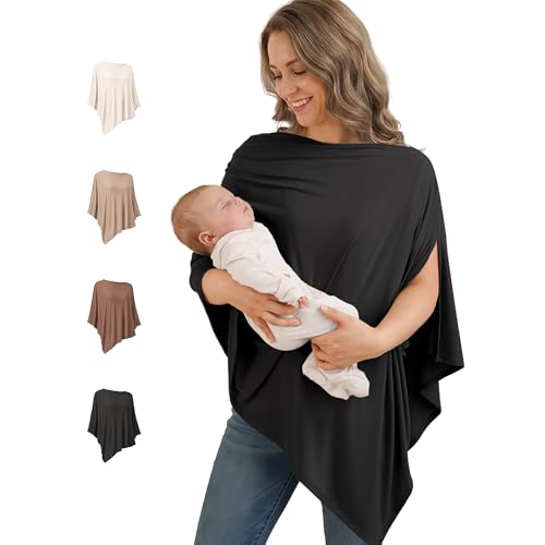 Konssy Rayon Made from Bamboo Nursing Cover for Breastfeeding ButterySoft 360 Full Privacy Nursing Poncho Breathable Stretchy Breastfeeding Cover MultiUse Car Seat Canopy Black - Image 1