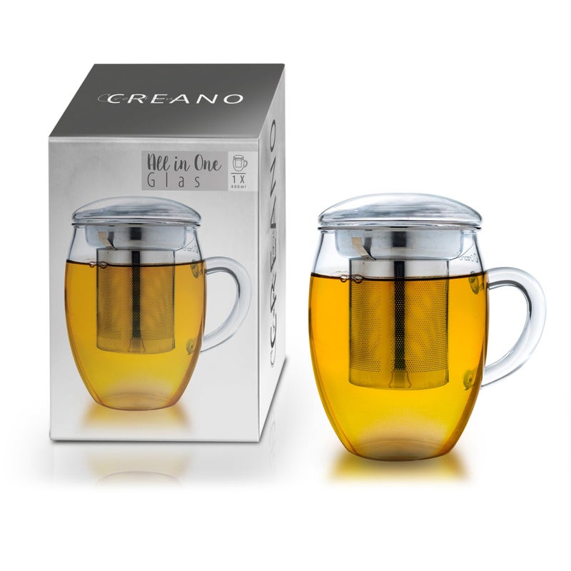 Creano Tea Glass with Stainless Steel Infuser and Glass Lid - 14oz (400ml) - Image 1