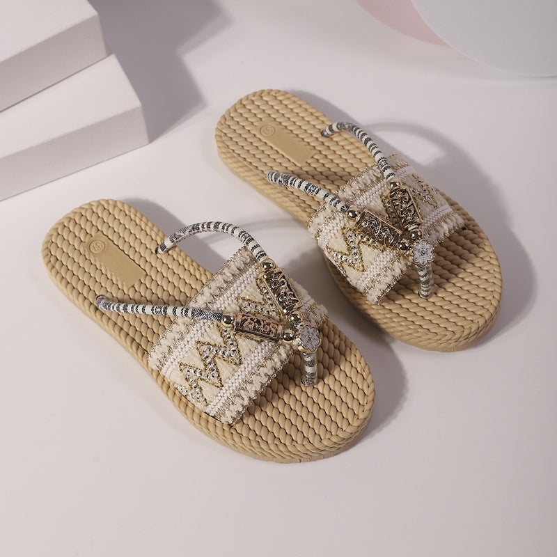 Bohemian Style Flat Large Size Flip-Flops Ethnic Style Beach Shoes 2025 Summer Fashion Peep-Toe Slippers - Image 1