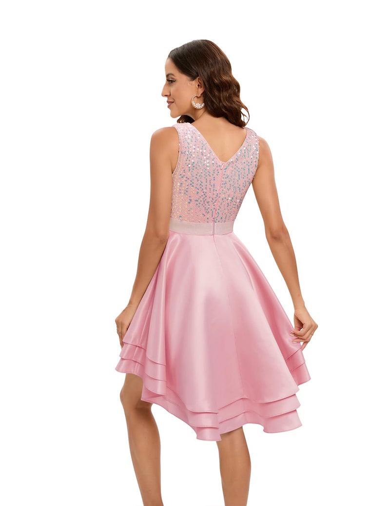 Meetjen Formal Prom Dress Short Sequin Homecoming Teen High Low Satin Sparkly Glitter Fancy Cocktail Dresses Pink M - Image 5