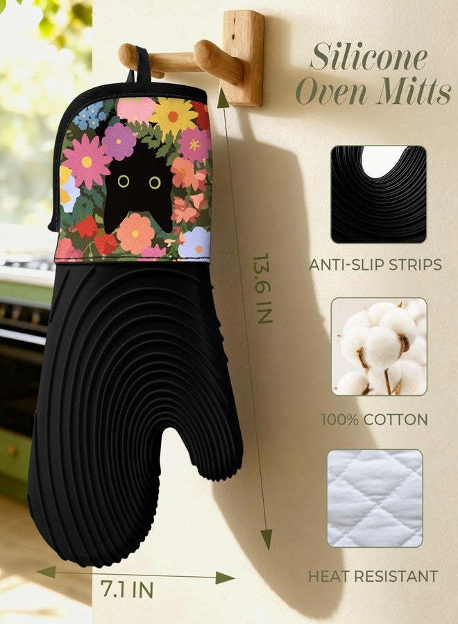 Slohif Long Silicone Oven Mitts Heat Resistant for Women - 2 Pcs Black Cat 100% Cotton Oven Gloves, Non-Slip and Waterproof Silicone Oven Mitts with Hanger for Baking and Cooking - Image 2