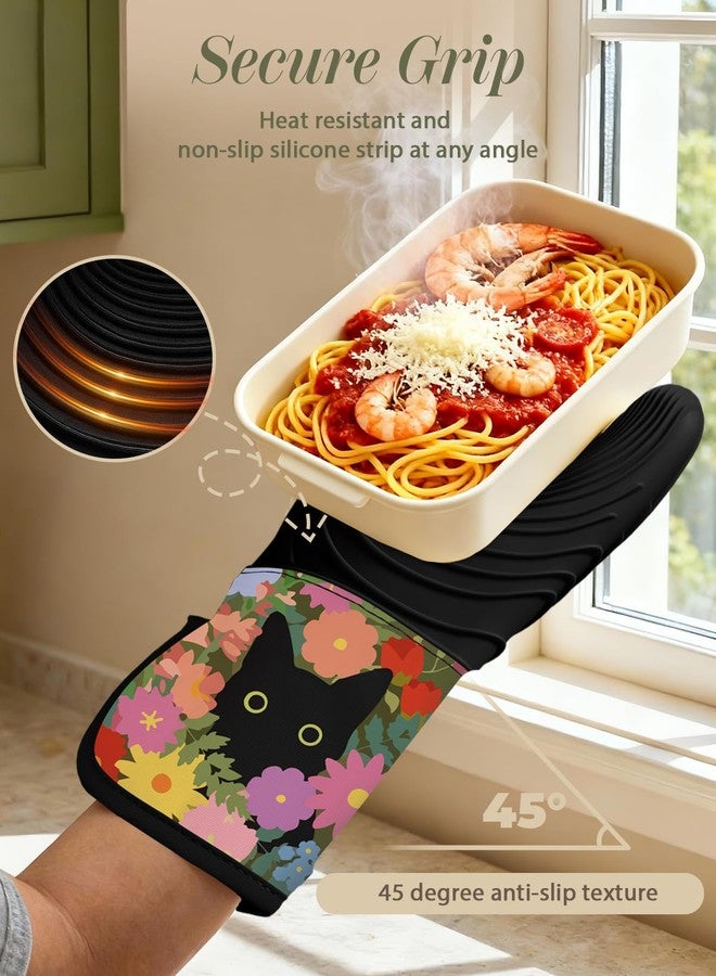 Slohif Long Silicone Oven Mitts Heat Resistant for Women - 2 Pcs Black Cat 100% Cotton Oven Gloves, Non-Slip and Waterproof Silicone Oven Mitts with Hanger for Baking and Cooking - Image 3
