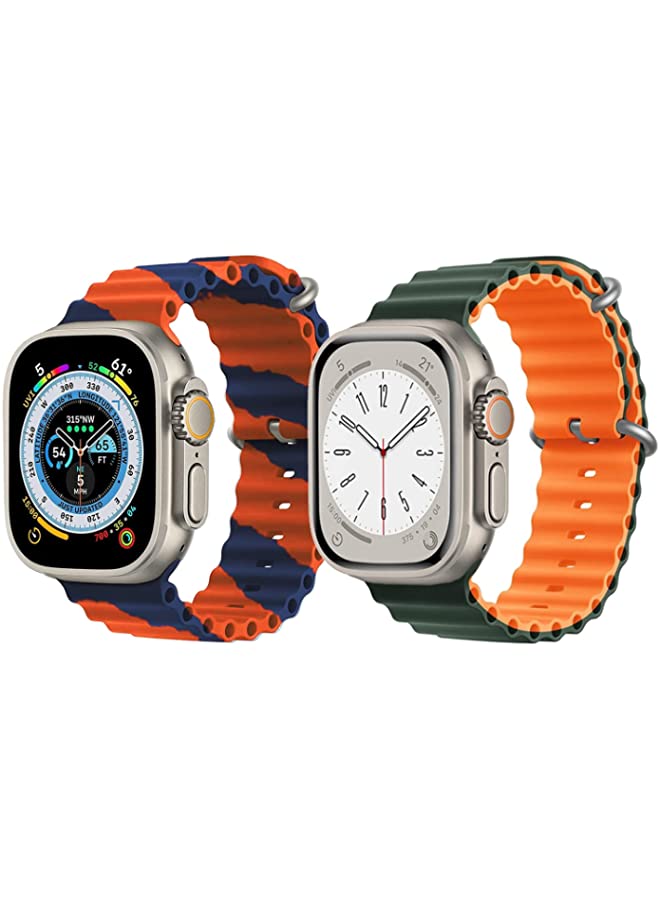 IAF Silicone Ocean Band Strap for Apple Watch Ultra 8 49mm Orange/Blue Double Line Strap with Green/Orange Double Side Strap Set of 2