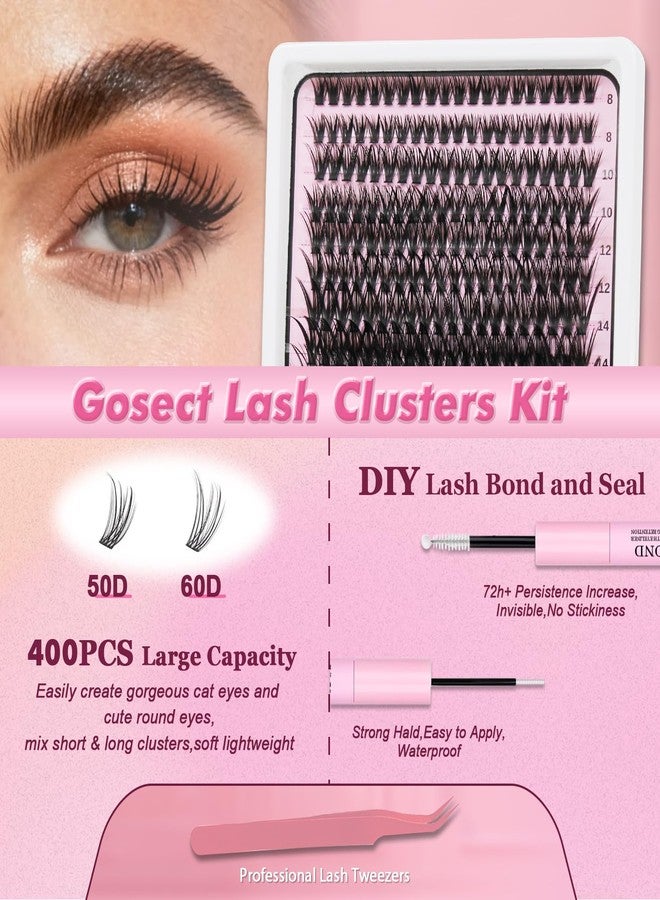 GOSECT Lash Extension Kit DIY 400pcs Lash Clusters Eyelash Extension Kit,Individual Lashes Kit with Lash Bond and Seal, Lash Tweezers for Self Use (50D&60D, 400pcs, 8-16mm, Kit) - Image 2