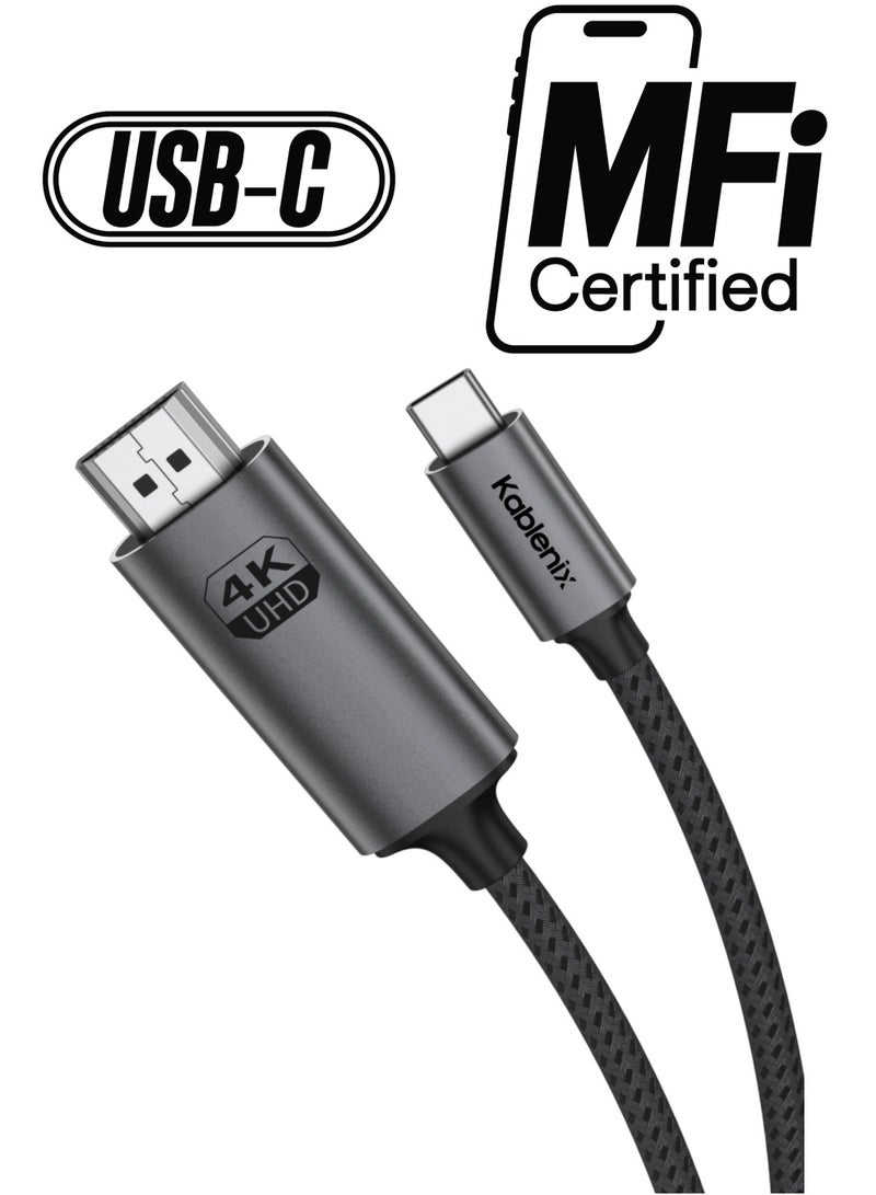 Kablenix USB3.1 Type C to HDMI Cable 2M, 4K 60Hz Resolution, Aluminum Braided, Compatible with Laptop, Projector, MacBook Pro, Smart TV HDMI Cable - Image 1