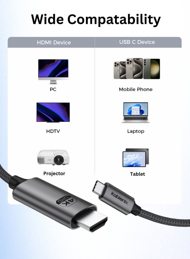 Kablenix USB3.1 Type C to HDMI Cable 2M, 4K 60Hz Resolution, Aluminum Braided, Compatible with Laptop, Projector, MacBook Pro, Smart TV HDMI Cable - Image 2