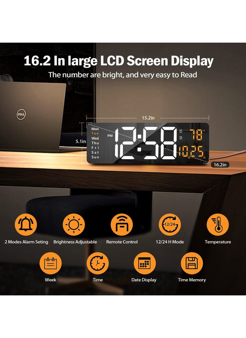 تايجر Digital Wall Clock Large Display 16.2 Inch – LED Wall Clock with Adjustable Brightness, Temperature & Humidity Display, 12/24 Hour Format, Remote Control, Modern Home Office Decor, Silent Operation, Easy Wall Mount or Desktop Stand, Energy Efficient  - Image 3