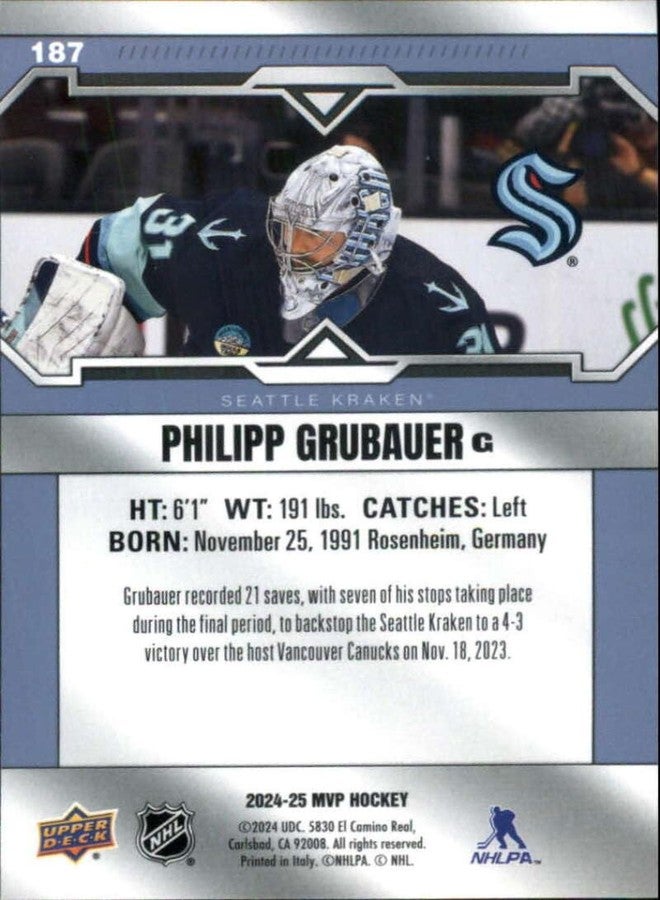 Upper Deck 2024-25 Upper Deck MVP Hockey #187 Philipp Grubauer Seattle Kraken Official NHL Trading Card (Stock Photo Shown, Card in Near Mint to Mint Condition) - Image 2