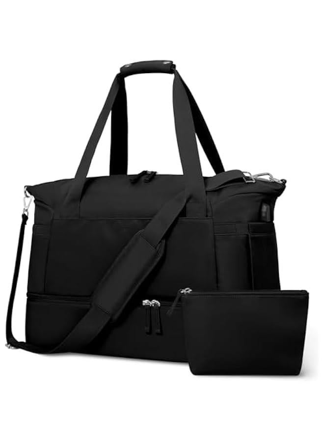 HOOKOR Gym Bag for Women, Travel Duffel Bag with USB Charging Port, Weekender Overnight Bag with Wet Pocket and Shoes Compartment for Women, Travel, Gym, Yoga (Black) - Image 1