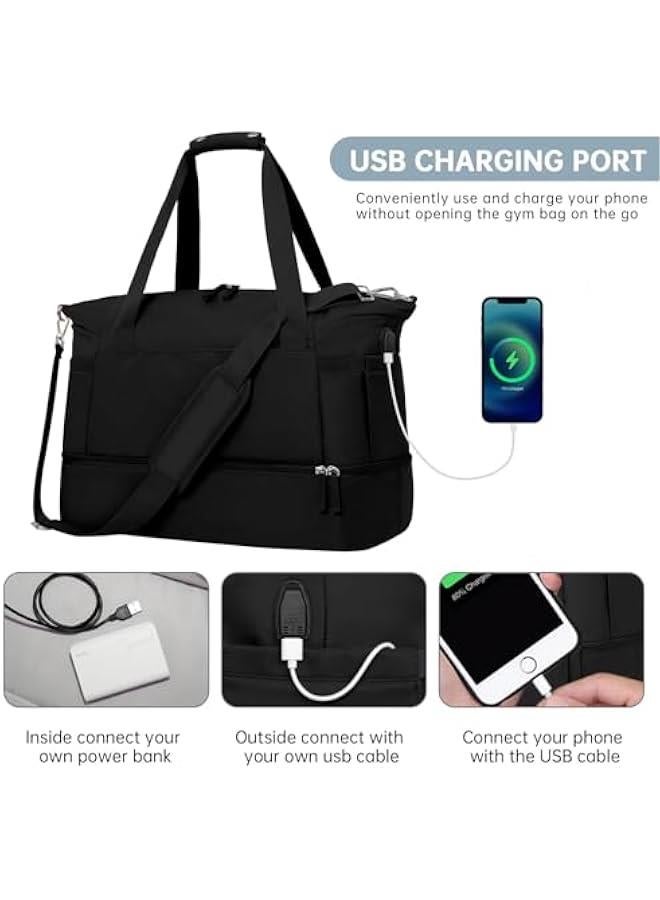 HOOKOR Gym Bag for Women, Travel Duffel Bag with USB Charging Port, Weekender Overnight Bag with Wet Pocket and Shoes Compartment for Women, Travel, Gym, Yoga (Black) - Image 3
