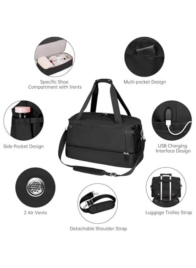 HOOKOR Gym Bag for Women, Travel Duffel Bag with USB Charging Port, Weekender Overnight Bag with Wet Pocket and Shoes Compartment for Women, Travel, Gym, Yoga (Black) - Image 4