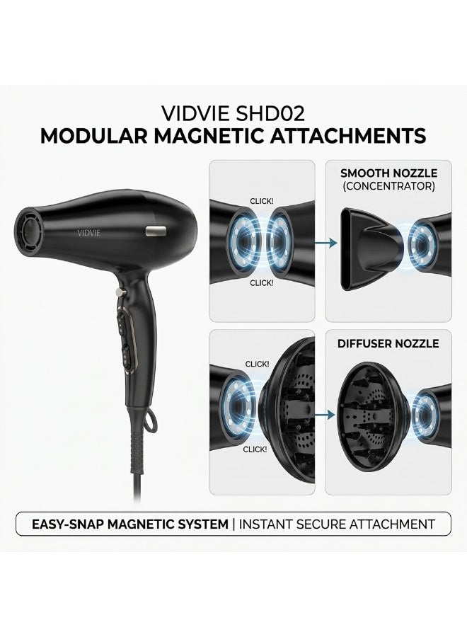 VIDVIE  Professional High-Speed Hair Dryer 1800W 105,000 RPM Brushless Motor with Smooth & Diffuser Nozzles - Black - Image 2