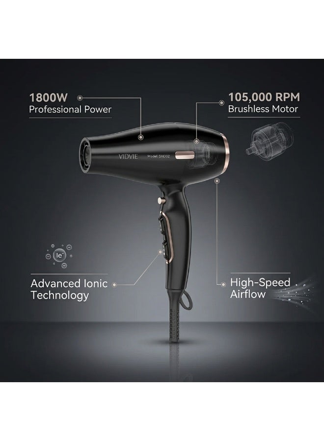 VIDVIE  Professional High-Speed Hair Dryer 1800W 105,000 RPM Brushless Motor with Smooth & Diffuser Nozzles - Black - Image 5