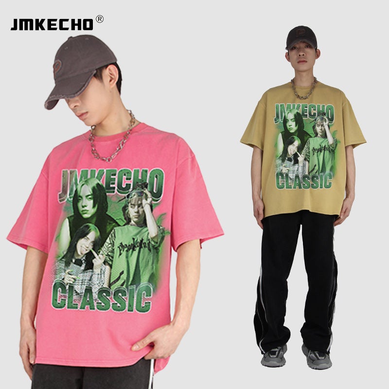 JMKECHO Men's American Character Printed Washed Short-Sleeved T-Shirt oversize Street Fashion Brand Hip-Hop for Men and Women - Image 4