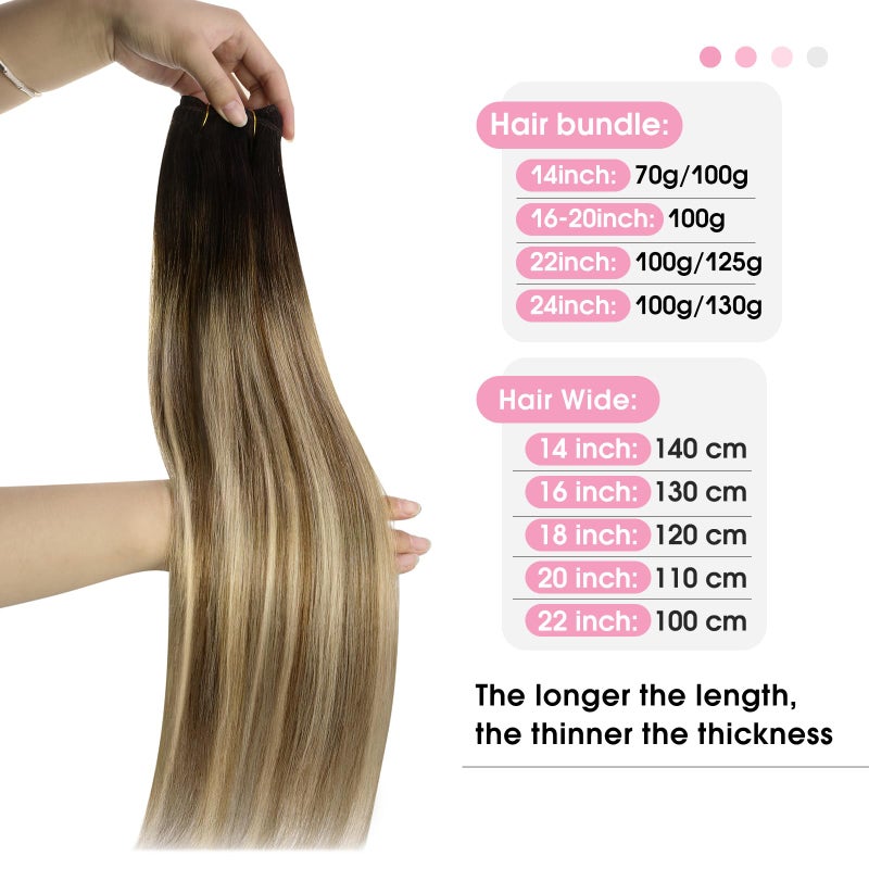 YoungSee Sew in Hair Extensions Real Human Hair Brown Ombre Human Hair Weft Extensions Dark Brown Roots to Medium with Blonde Hair Extension Sew in Long Straight Hair 100G 22Inch - Image 2