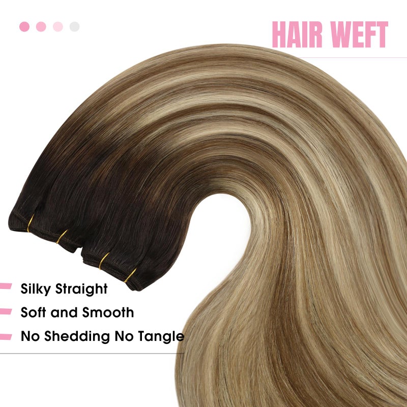 YoungSee Sew in Hair Extensions Real Human Hair Brown Ombre Human Hair Weft Extensions Dark Brown Roots to Medium with Blonde Hair Extension Sew in Long Straight Hair 100G 22Inch - Image 4
