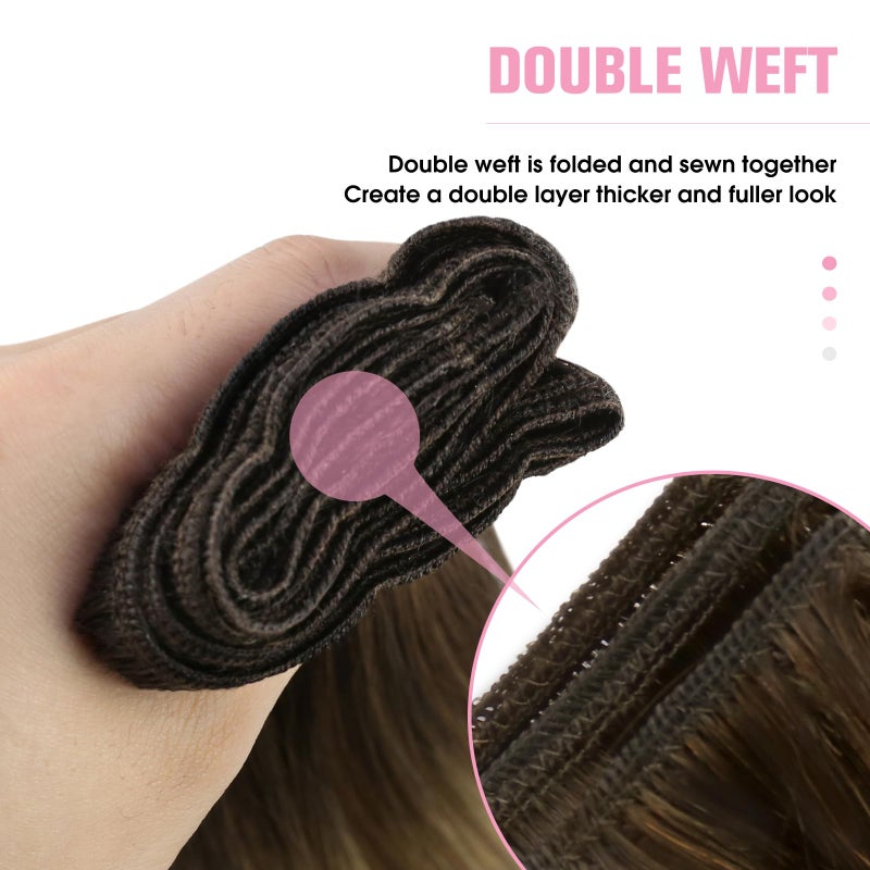 YoungSee Sew in Hair Extensions Real Human Hair Brown Ombre Human Hair Weft Extensions Dark Brown Roots to Medium with Blonde Hair Extension Sew in Long Straight Hair 100G 22Inch - Image 5
