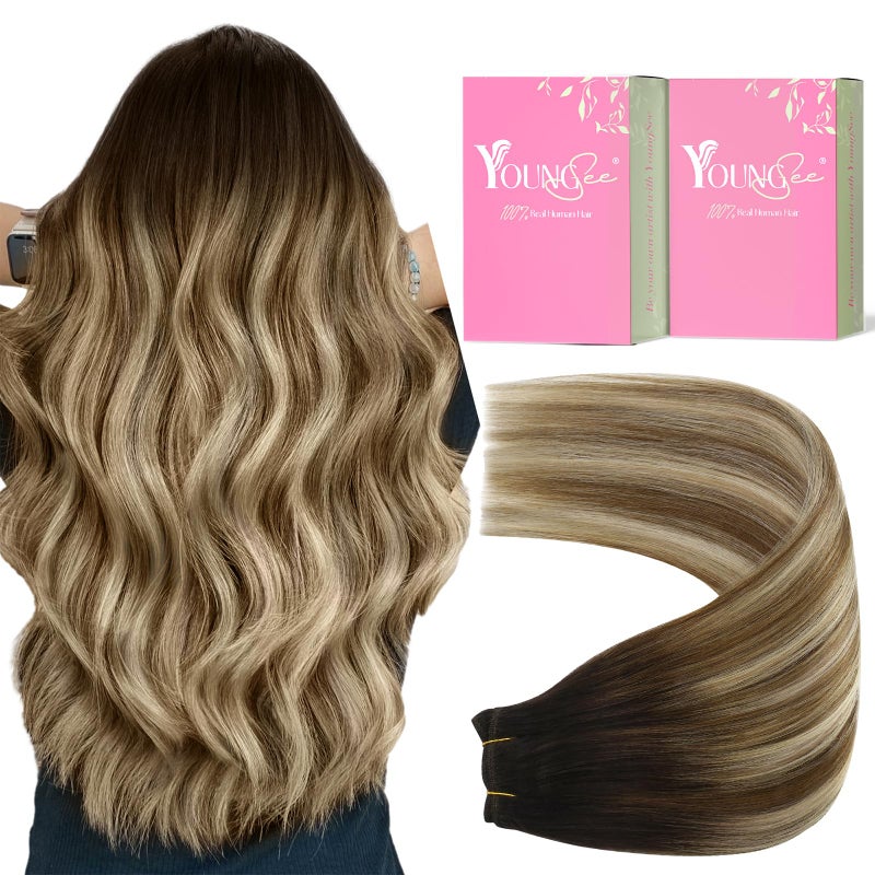 YoungSee Sew in Hair Extensions Real Human Hair Brown Ombre Human Hair Weft Extensions Dark Brown Roots to Medium with Blonde Hair Extension Sew in Long Straight Hair 100G 22Inch - Image 1