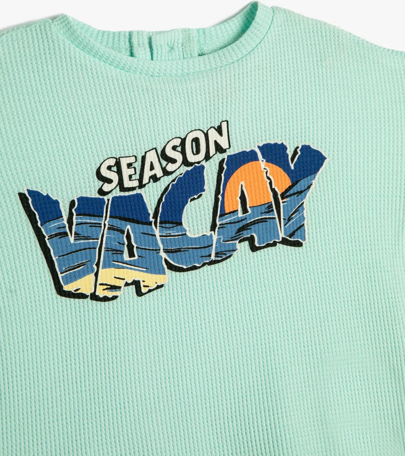 KOTON Short Sleeve T-Shirt Cotton Button Closure on the Back Round Neck Printed