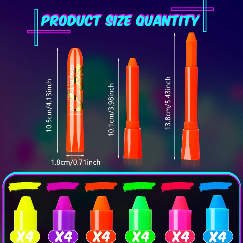 Handepo 24 Pcs Glow in the Black Light Face Paint Crayons Neon Face Body UV Light Paint Kit Fluorescent Halloween Masquerade Makeup for Adult Mardi Gras Parties(Rainbow Color) - Image 2