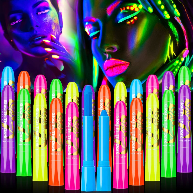 Handepo 24 Pcs Glow in the Black Light Face Paint Crayons Neon Face Body UV Light Paint Kit Fluorescent Halloween Masquerade Makeup for Adult Mardi Gras Parties(Rainbow Color) - Image 1