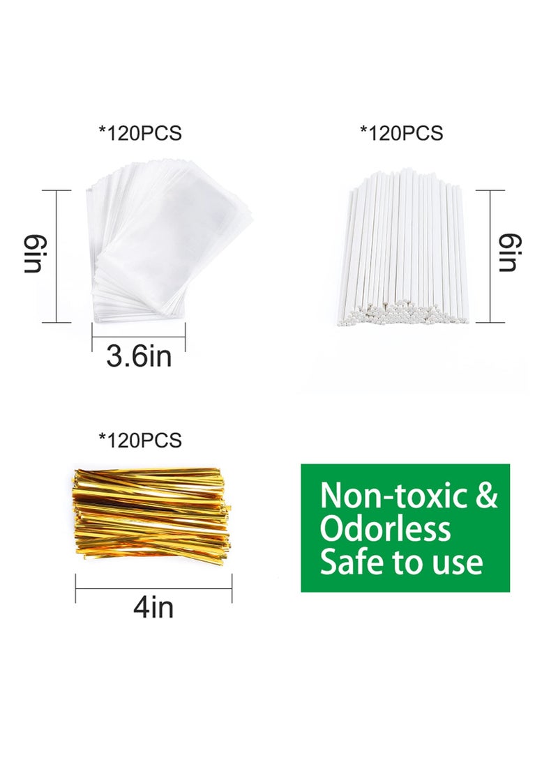 KASTWAVE - 300Pcs Cake Pop Sticks and Wrappers Kit, Including 100ct 6-inch Paper Lollipop Sticks Including 100 Parcel Bags ,100 Gold Twist Ties,for Cakepop, Lollipop, Hard Candy, Suckers, Chocolate - Image 1
