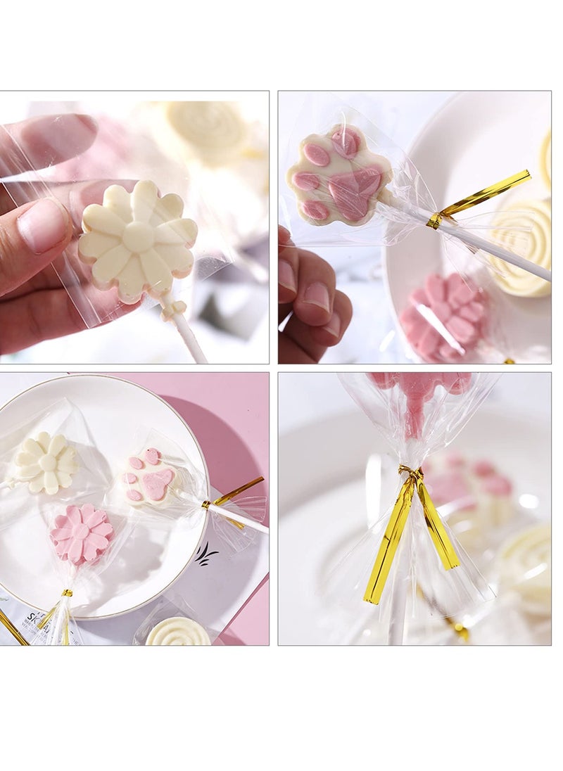 KASTWAVE - 300Pcs Cake Pop Sticks and Wrappers Kit, Including 100ct 6-inch Paper Lollipop Sticks Including 100 Parcel Bags ,100 Gold Twist Ties,for Cakepop, Lollipop, Hard Candy, Suckers, Chocolate - Image 1