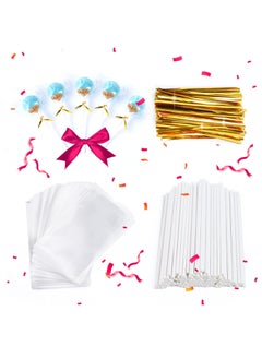 300Pcs Cake Pop Sticks and Wrappers Kit, Including 100ct 6-inch Paper Lollipop Sticks Including 100 Parcel Bags ,100 Gold Twist Ties,for Cakepop, Lollipop, Hard Candy, Suckers, Chocolate