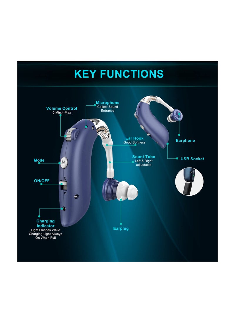 Hearing amplifiers for Seniors Rechargeable with Noise Reduction,Bet Digital Personal Sound Amplifier Devices for Seniors with Volume Control(Blue)
