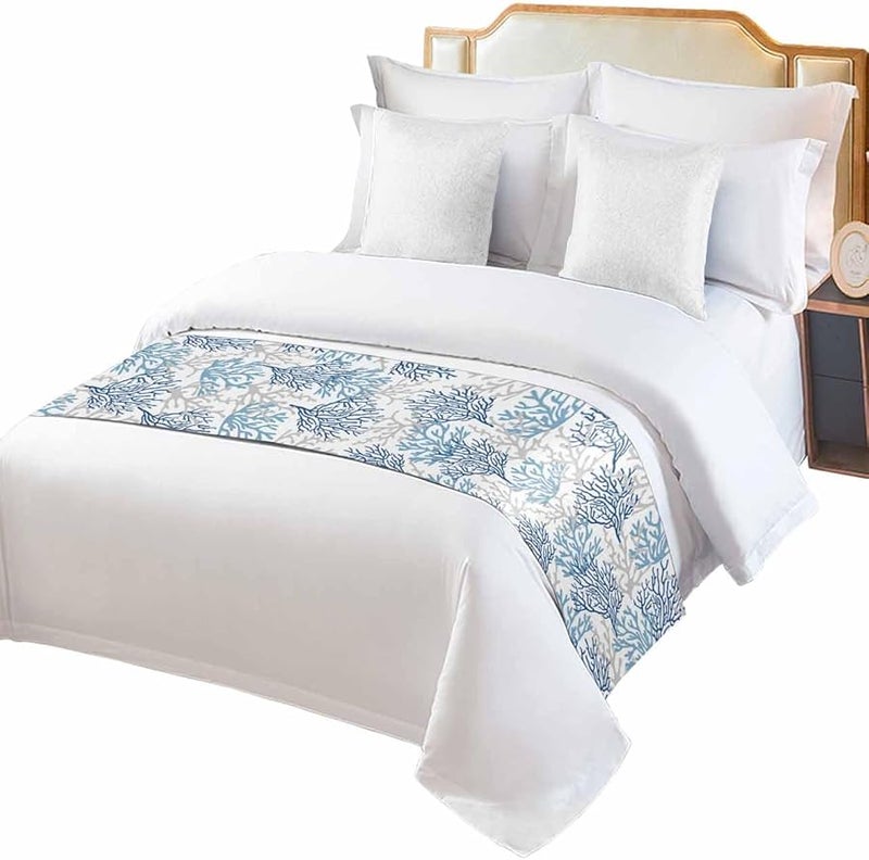 Navy Blue Coral Coastal Bed Runner For Queen Size Bed 83x20 Inches Beach Throw - Image 1