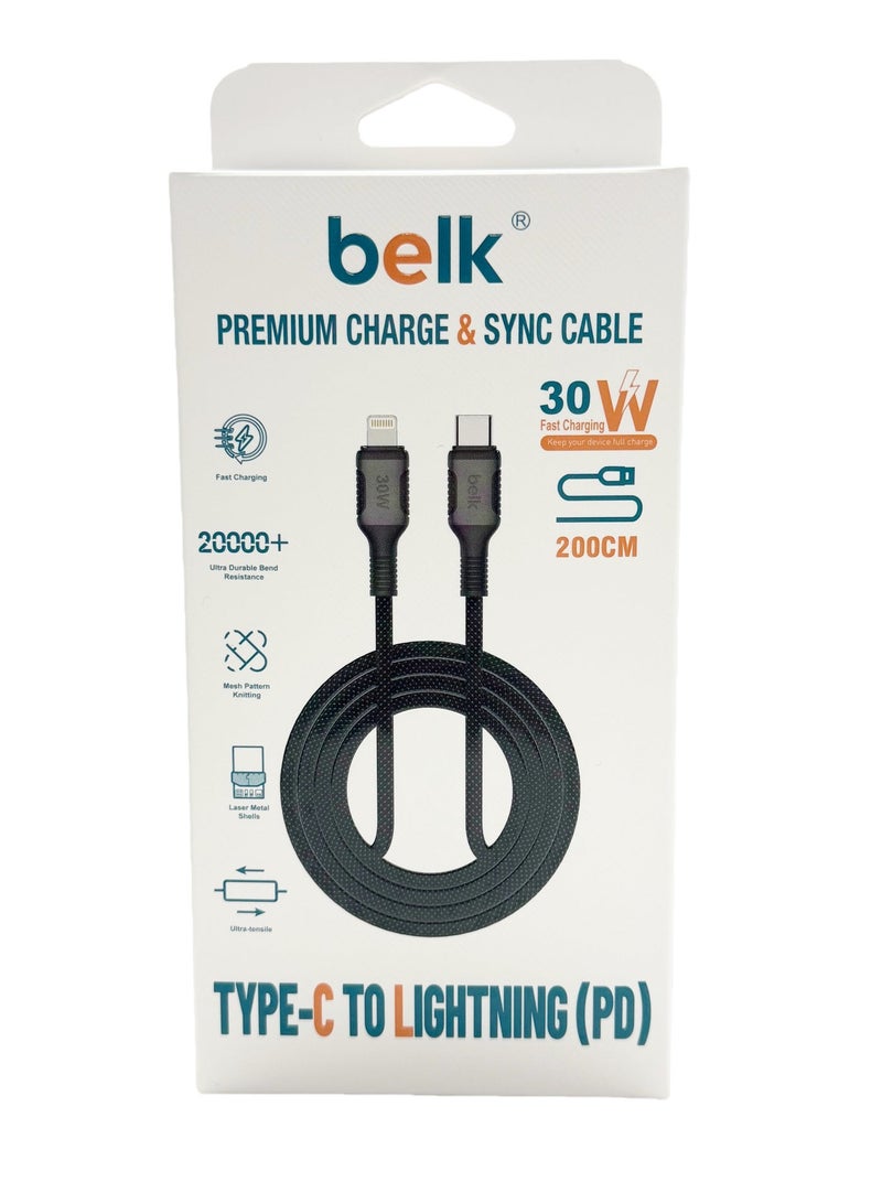 Belk iPhone PD charging cable, 2 meters long, durable and high quality, fast charging, black - Image 3
