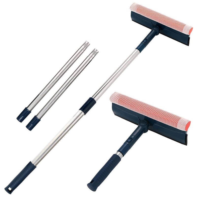 TRADY Window Squeegee with 56 Long Handle2 in 1 Window Cleaning Tools with Dual Side Blade Rubber Scrubber Sponge for car WindshieldGlassMirrorOutdoor Window