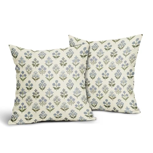Sivirary Blue Green Block Print Pillow Covers 18x18 Inch Set of 2, Vintage Floral Spring Decorative Throw Pillow Cases Boho Cushion Covers Rustic Decoration Gift Farmhouse Sofa Couch Bed Decor - Image 2