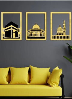 Eworld Elegant Gold Islamic Wall Art Set of Al Aqsa, Al-Haram and An-Nabawi Mosques, Wooden Acrylic Home Decor with Shiny Mirror Effect, Perfect for Ramadan, Stylish Decoration and Meaningful Muslim Gift.  - Image 4