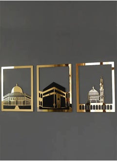 Eworld Elegant Gold Islamic Wall Art Set of Al Aqsa, Al-Haram and An-Nabawi Mosques, Wooden Acrylic Home Decor with Shiny Mirror Effect, Perfect for Ramadan, Stylish Decoration and Meaningful Muslim Gift.  - Image 3