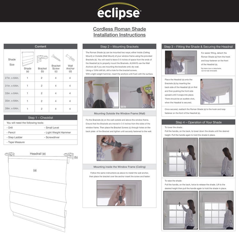 Eclipse Lane Cordless Roman Shades for Windows, Room Darkening, 31 in Wide x 64 in Long, Noise Reducing and Energy Efficient Window Treatments for Living Room, Bedroom or Office, White - Image 5