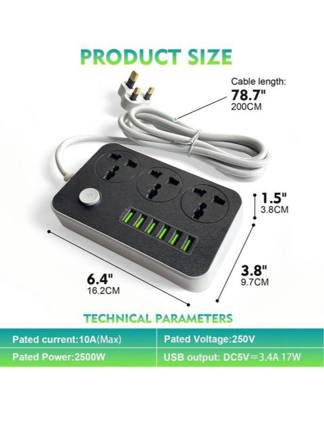شاحن تيار متردد بثلاث مقابس ومنفذ USB أسود/ رمادي  - Image 1