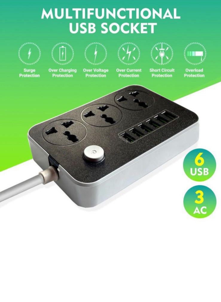 شاحن تيار متردد بثلاث مقابس ومنفذ USB أسود/ رمادي  - Image 2