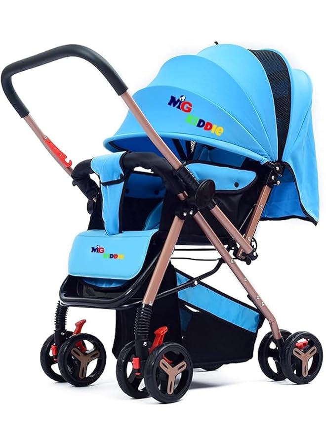 0 3 Years Baby Kids Travel Stroller With Adjustable Reversible Handle Large Storage Basket Front Tray Linen Canopy Adjustable Backrest 602B Blue