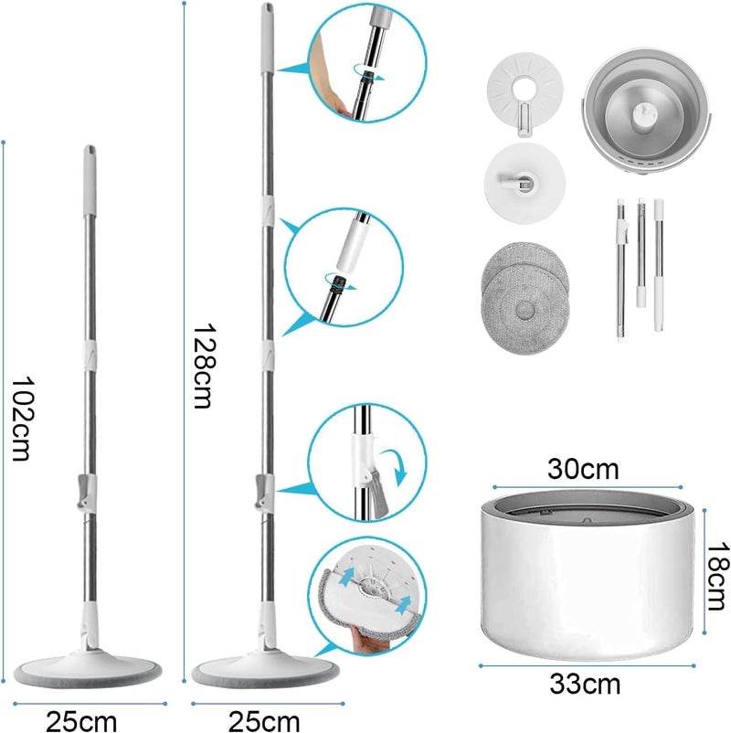 Exvito EasyWring Microfiber Spin Mop & Bucket Floor Cleaning System – Hands-Free Wringing, Super Absorbent Microfiber Heads (2 Refills) Deep Cleaning for Hardwood & Tile for Home & Office Use (Round) - Image 2