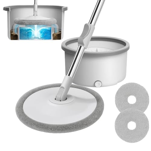 Exvito EasyWring Microfiber Spin Mop & Bucket Floor Cleaning System – Hands-Free Wringing, Super Absorbent Microfiber Heads (2 Refills) Deep Cleaning for Hardwood & Tile for Home & Office Use (Round) - Image 1