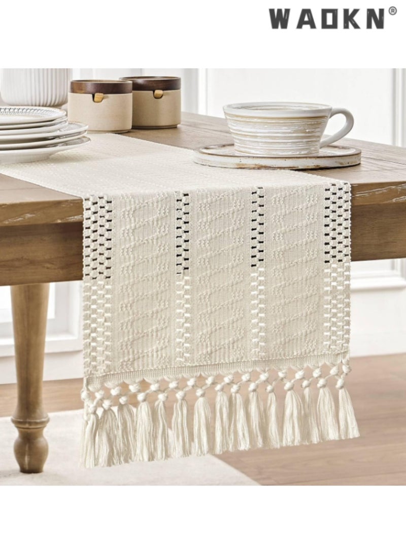 WAOKN Cream Colored Table Runner with Knotted Tassels, Elegant Table Scarf for Dining Tables, Adds a Luxurious Touch to Your Home Decor, Ideal for Everyday Use and Special Occasions,30*183 cm - Image 1